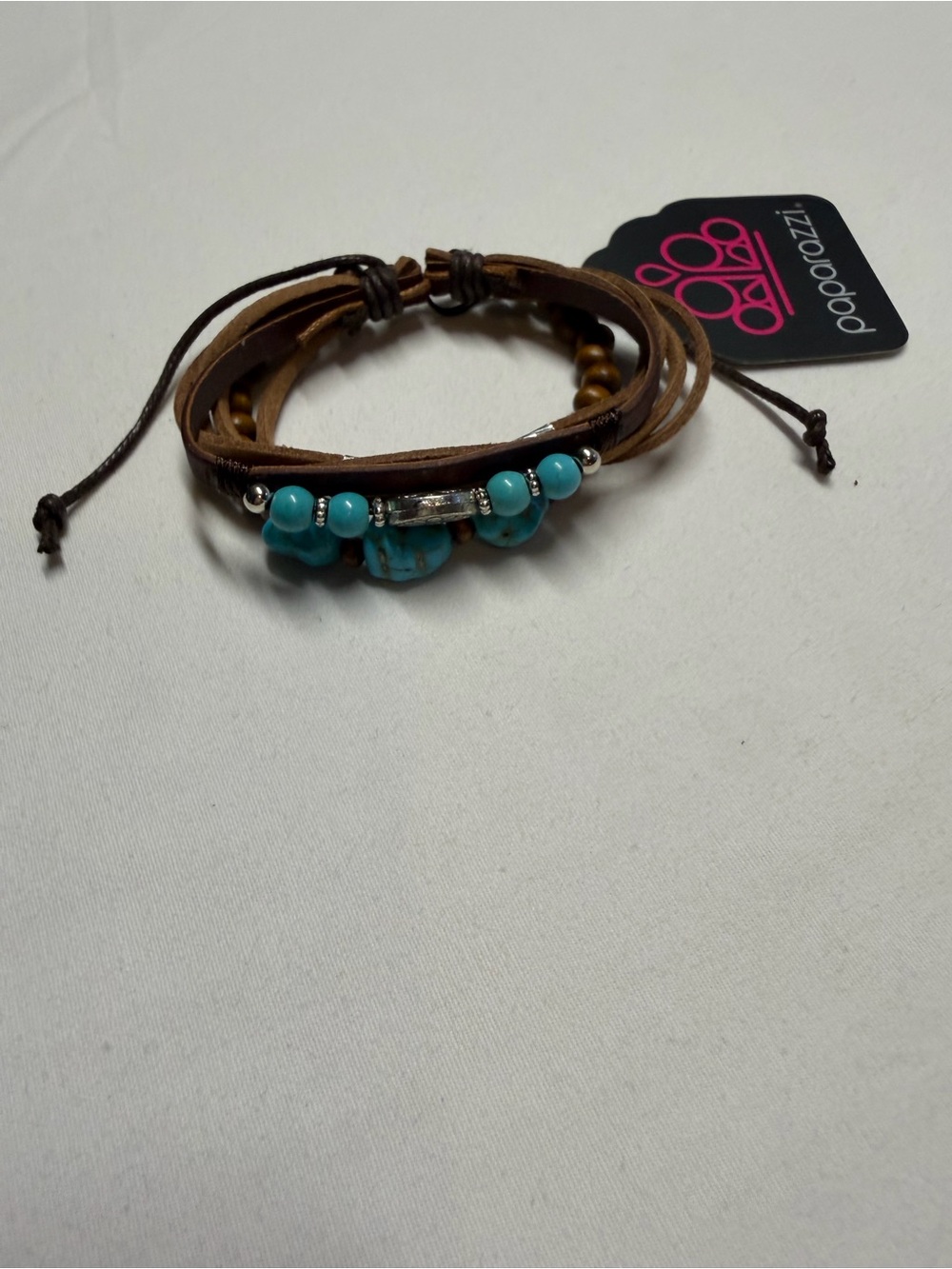 paparazzi Turquoise Bead Brown Leather Multi-Strand Bracelet